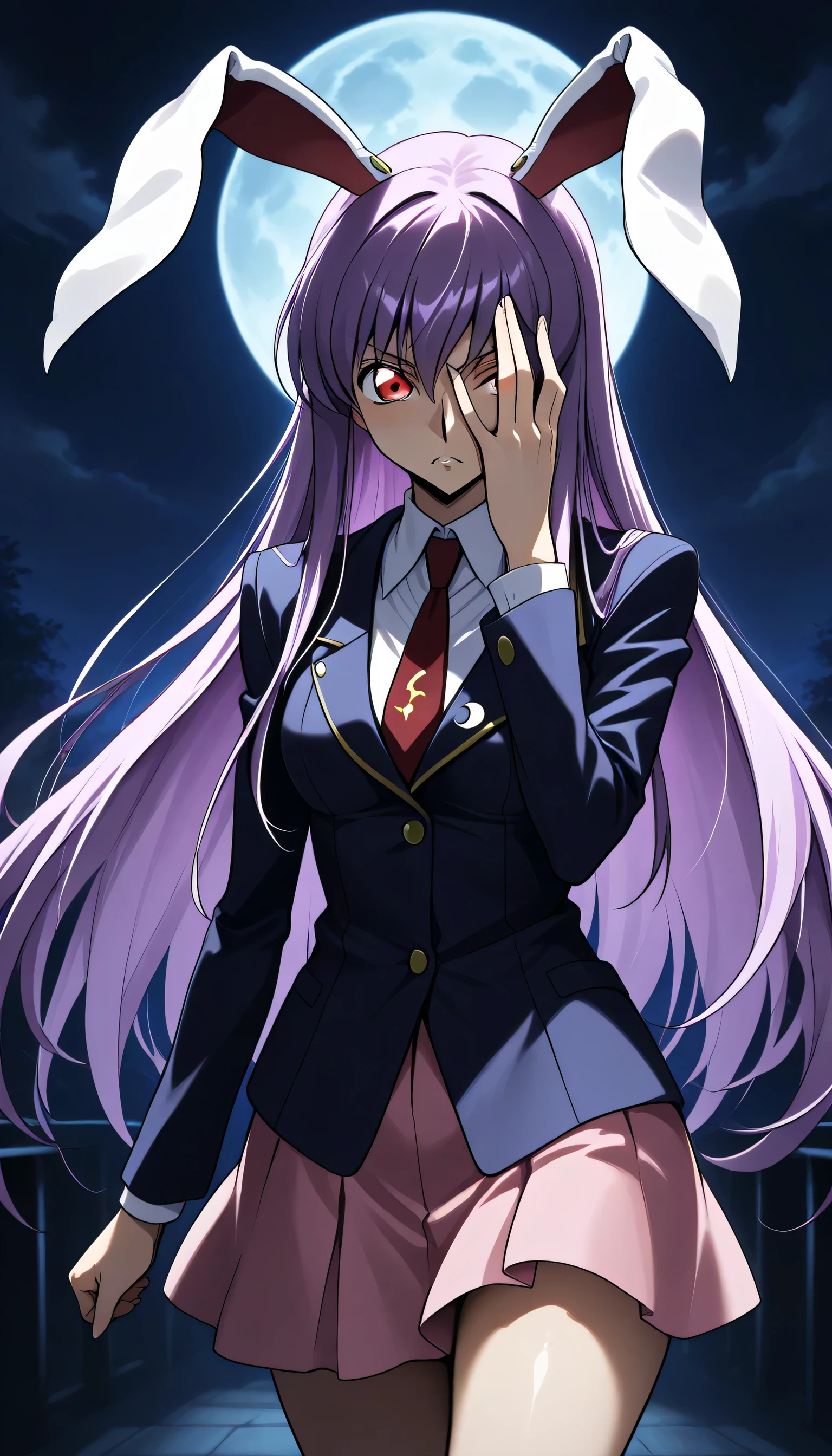 Give your images flat even illumination (negative) or dramatic chiaroscuro lighting (positive),lelouchposes,hand on own face,hand over eye,hand up,covering one eye,Geass in eye,reisen udongein inaba, purple hair, red eyes, rabbit ears, rabbit girl, long hair, blazer, open jacket, cowboy shot, red necktie, pink skirt, moon, night, glowing eyes,Nights, moon,large, breast ,Pointing at the viewer with fingers