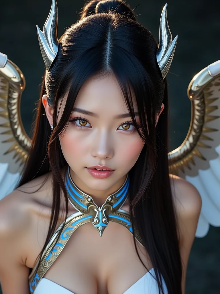 Ultra-detailed complex 3D rendering of the face, (Colossal: 8.8), (masterpiece, top quality, octane rendering, 8K), glamour shot full body image, cleavage, (highly detailed skin: 1.2), (exposure: 1.1), (blonde), (wearing a plummet tank top of gold silk: 1.5)), blonde hair, beautiful Caucasian woman with full soft breasts and white skin, one with big ass, long braided hair, big breasts, dynamic angle, mystical expression, ultra-realistic photography, (((((portrait))), bare feet, futuristic city background, facial muscles, detailed and beautiful queen tiara, in the style of Marvel Comics, clear focus, studio photography, intricate details, highly detailed, detailed yellow eyes, sharp focus, digital rendering, professional, abs, ((((sexy pose))), natural jungle, open mouth lightly, mansle, open crotch, seductive look, angel ring, detailed angel wings, angel ring, detailed mouth inside,