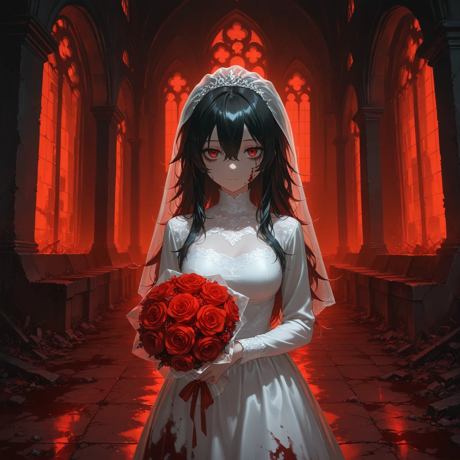((Chinese style)),Horror atmosphere,Bride in Red,net,wedding,Ghost Bride,a somber look,Red Lantern,White candles,Chinese Architecture,Black Hair