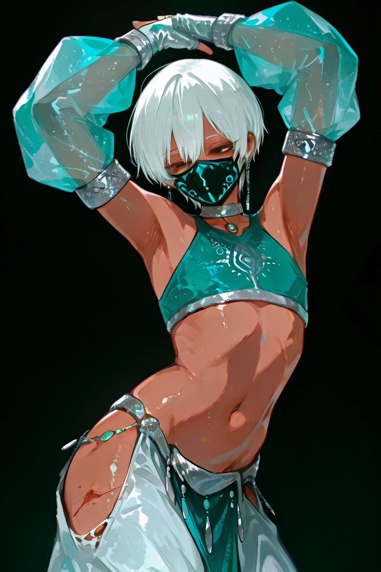 ((Cinematic light, Best quality, 8k, Masterpiece :1.3)), 1girl, Beautiful woman, (white hair, large breasts:1.3), rope panties, bra :1.2, hopefully falling, seductive open lips,1girl, standing, full body, hairy female, body hair, (white hair, white skin:1.1), chest tuft, digitigrade, white hair, long hair, black mask, (blue eyes, bright eyes:1.4), small breasts, BREAK nature, jungle, magical forest, fantasy forest, grass, purple leaves, plants, bright flowers, rocks, day, sexy, showing off, showing armpits, ((nsfw)), ((sexual teasing)), ((((golden micro-bikini))), (((mask covering part of the face))), (( thin waist)), skinny, ((((mask full of milk))), ((mask dripping milk))), cummed mask, cum on mask, (((blue lipstick))),