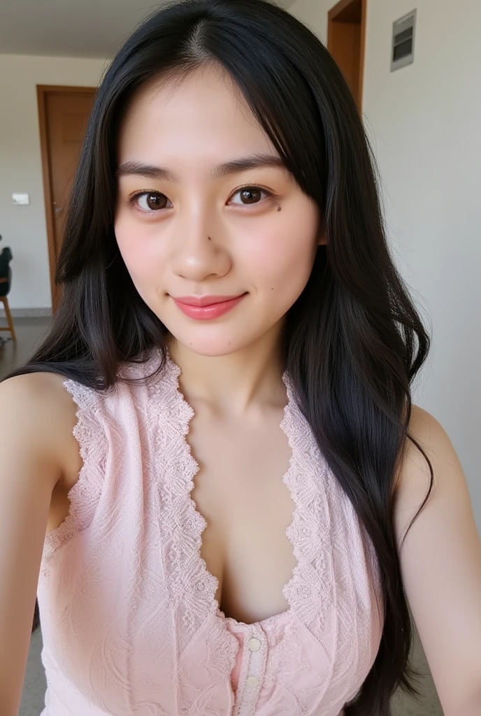 Beautiful handsome woman, ((top quality, 8k, masterpiece:1.3)),wearing black white long dress,pretty woman, 1 woman, natural smiling,huge breasts:1.3, slender figure:1.1, elastic dark brown hair, in the bed room,very detailed face, detailed lips, detailed eyes, double eyelids