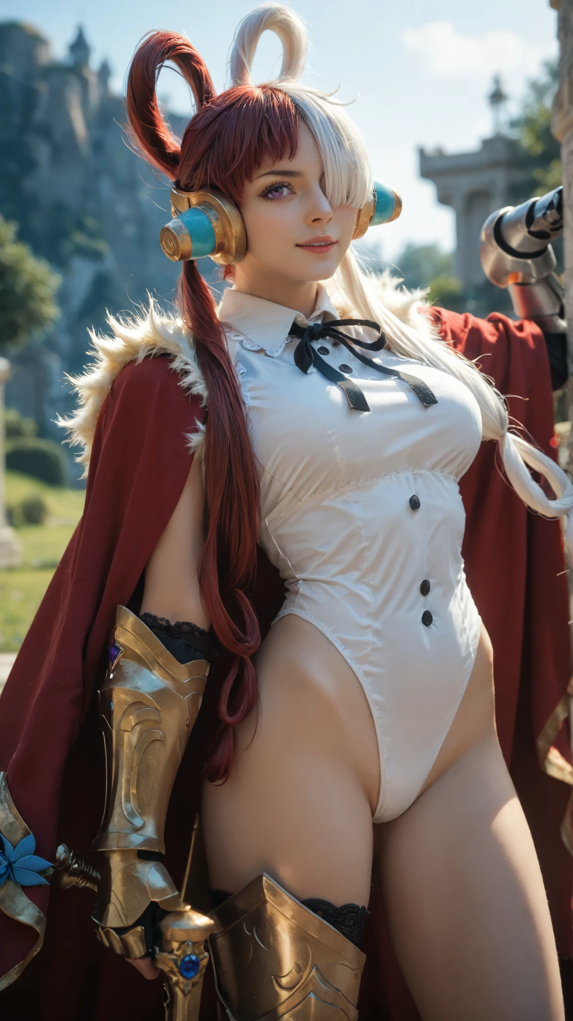 best quality, masterpiece, 1girl, aauta, long hair, split-color hair, hair rings, twintails, crown, headphones, hair over one eye, one eye covered, purple eyes, breasts, fur trim, red cape, gold armor, white leotard, gauntlets, collared leotard, center frills, leg armor, outdoors, standing, cowboy shot, dynamic pose,