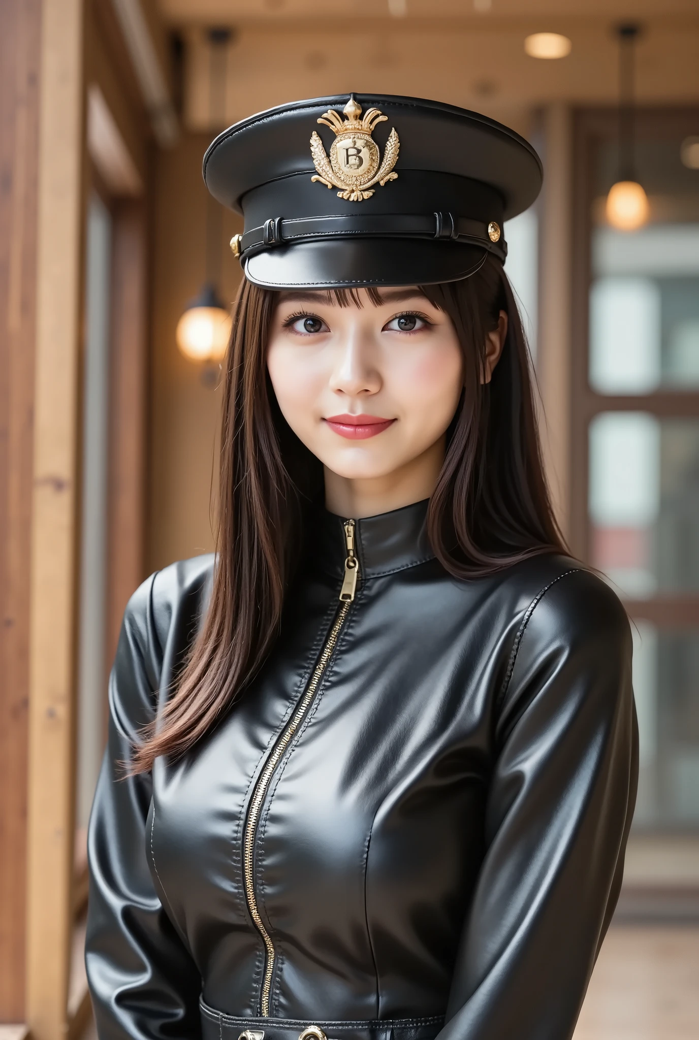 haruka, firm breast, by adjusting the framing so the subject's full head is visible within the composition, with the crop showing only from just above the bust to slightly above the top of the head. Ensure there is a comfortable amount of background space above the head to establish spatial context. A bold, high-impact outfit composed of a glossy black leather jacket with a deep plunging neckline and a high structured collar. The jacket is tightly fitted with a corset-like design, featuring symmetrical grommet detailing and a central zipper that enhances its form-hugging silhouette. The material has a polished, reflective surface, emphasizing the sleek texture of the leather and the strong, tailored lines of the garment. The sleeves are long and closely fitted, adding to the streamlined and commanding aesthetic. She wears a matching black leather military-style hat, adorned with decorative metallic insignia on the front and sides. The hat has a structured shape with a firm brim and a glossy finish, complementing the rest of the outfit while contributing an authoritative flair. Additional gold-tone hardware and ornate emblem detailing on the hat reinforce the militaristic visual cues. The interior setting is softly lit with a mix of natural light from a large window to the side and warm ambient lighting from overhead fixtures. Wooden ceiling beams, glass panels, and a softly blurred hanging lamp add a blend of industrial and rustic tones. The window allows natural light to reflect off the leather, highlighting the curves and stitching of the outfit, creating contrast between shine and shadow. Subtle reflections in the glass and a warm tone across the space add depth and richness to the setting. The overall composition blends strong fashion presence with atmospheric indoor styling, contrasting the edgy modernity of black leather against the softness of natural wood and warm light.