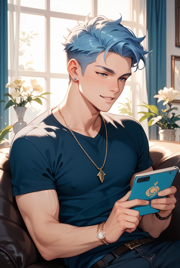 A muscular handsome blue haired man with silver eyes with long hair in swim trunks is reading at the beach with a goofy grin