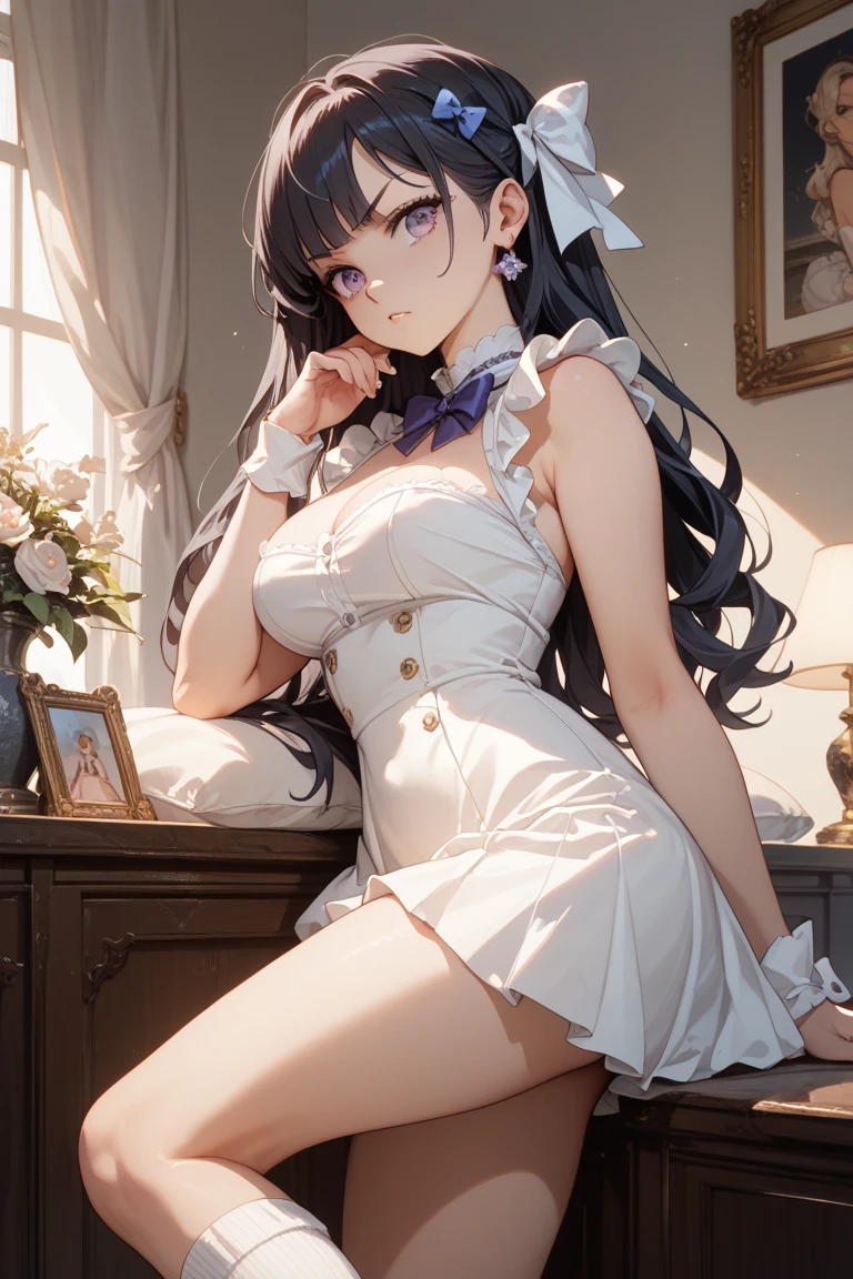 (child),highest quality,Beautiful face in every detail,cute,Dark brown eyes,(背の低いcute女の子,Small young student,Young delicate girl),(masterpiece,Top quality),Black Hair,Sleepy expression,Sleeveless,(White shorts),Crouching