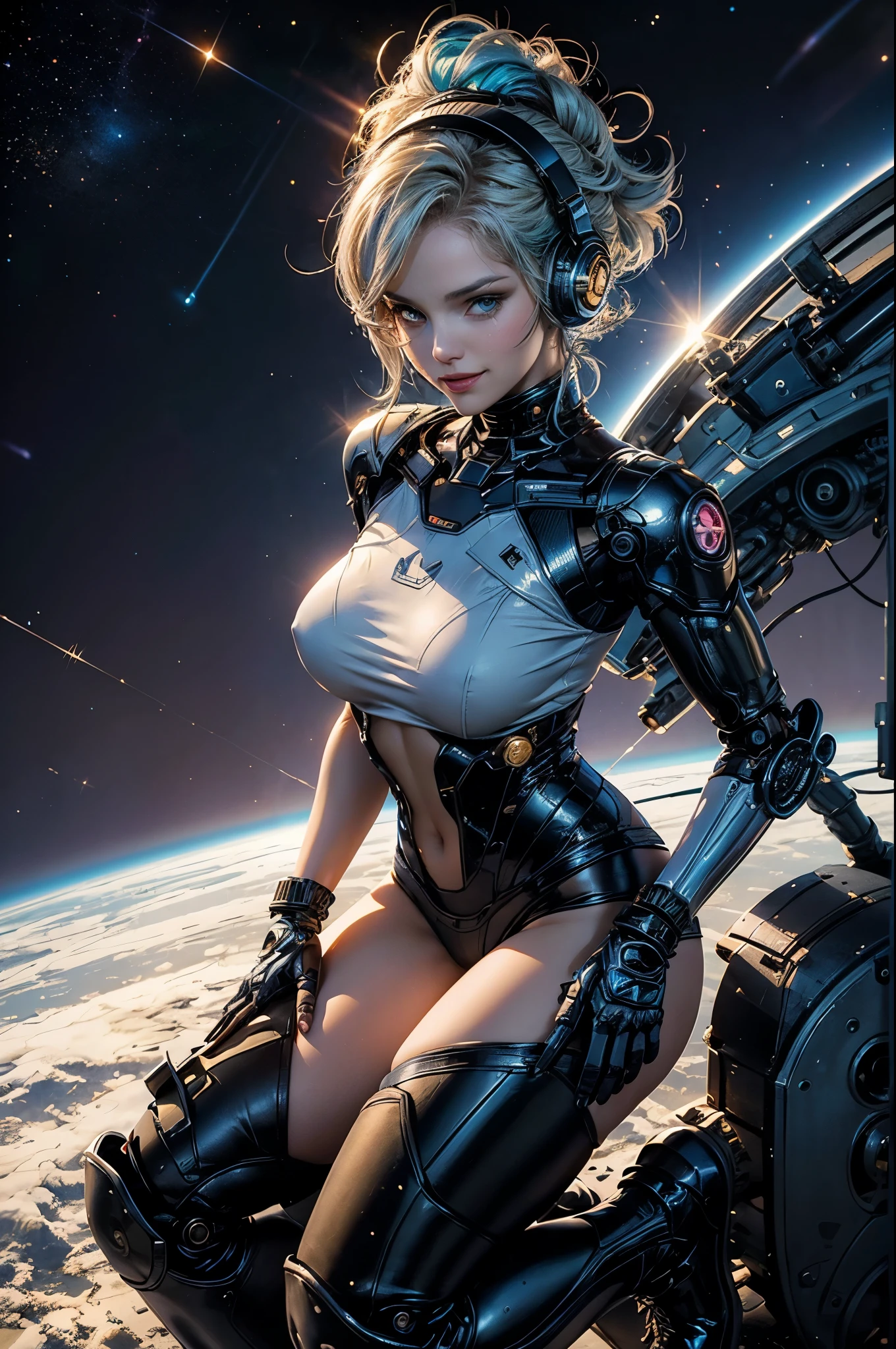 realistic visual effects，attractive beautiful，dramatic contrast，Gentle lighting，Delicate warmth，the soft light，hyper HD，Extremely colorful，best qualityer，perfect female shape，HighDynamicRange，long eyelasher，Unbeatable masterpiece，paleskin，putting makeup on，Sexy goddess，Large mechanical gears，Strange sky，The setting sun burns the clouds，8K high quality，Sexy goddess，A pair of big eyes are beautiful and moving，White skin，Makeup，Sexy outfit，【Background with】Large gears，Large gears，Doomsday ruins，Giant tornado，Strange sky，The setting sun burns the clouds，Multiple planets，The end of the world，Multiple planets，Mards，Jupiter，Mercury，Strange sky，Giant tornado。