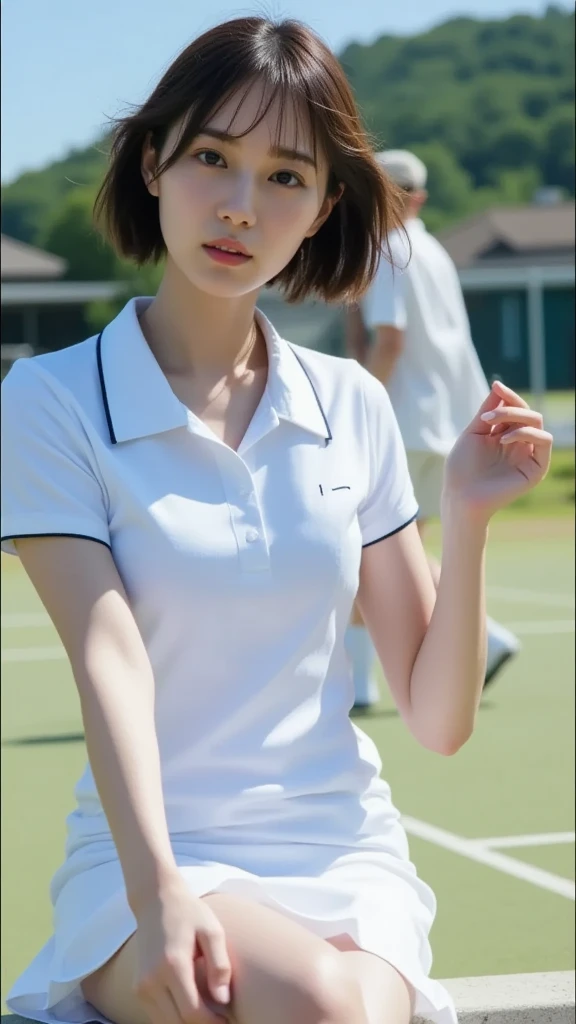 (masterpiece), (Highest quality),Ultra-high resolution, Caustics, Familiar, Beautiful Familiar FACE,Perfect Anatomy,Cowboy Shot,Solo 8 year old beauty、日BookのBookを読む人、Black Hair,Short Bob Hair,black eye,Slender body,Ideal body type,Medium chest,Sunburned skin,Glowing Skin,Oily skin,Shiny skin,Are standing,ponytail,((latex、Tennis uniform、White polo shirt、White pleated mini skirt)),tennis racket１Book、正しく描かれたtennis racket:1.12、Outdoor、Tennis court、，Full body image((beautiful pussy line:1.19)),,(((Mr.. A has a very cute, young face..:1.45))), 、(Very young and busty:1.2),(Glasses girl:1),(Very breathable lace underwear),(Sometimes my nipples pump:1.4)