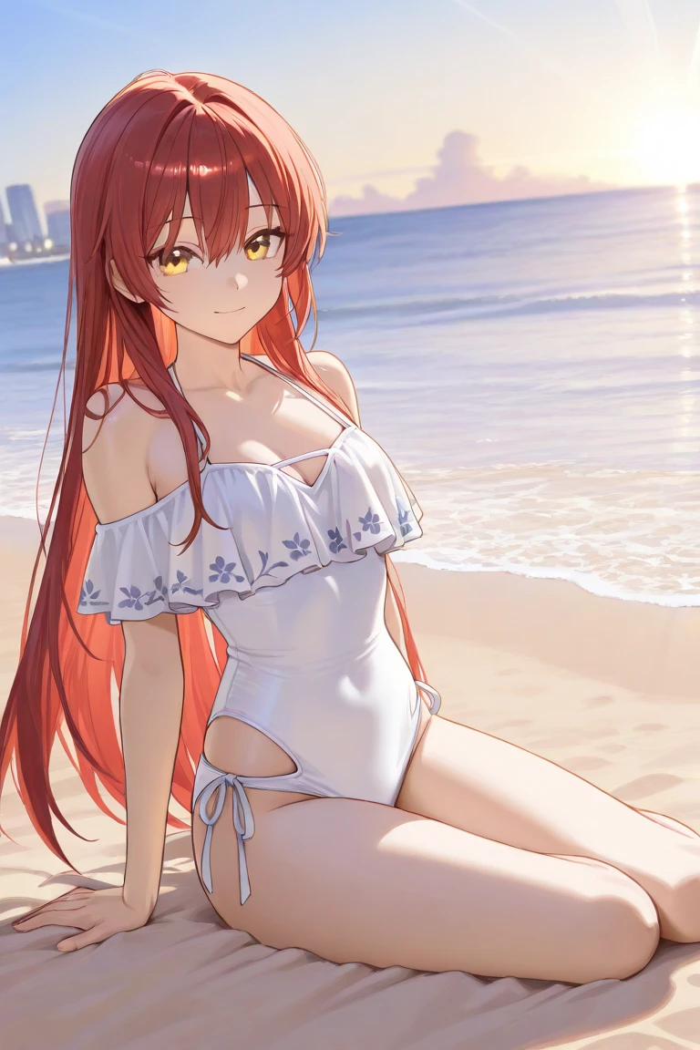 masterpiece, rich colors, Best quality, detailed, high resolution, Hyper quality, high detail, , high quality, detailing, skinny sexy girl on the beach , bright lighting , green eyes, Anime, palm trees, bright lighting, redhead,