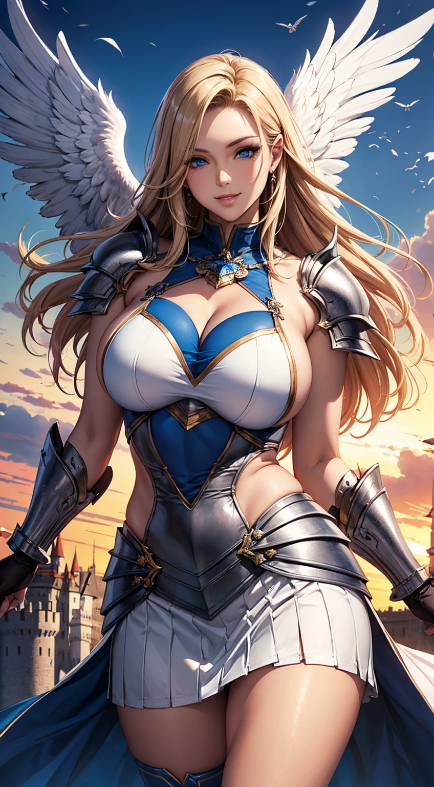 female archangel prepared for battle, an extremally beautiful warrior valkyre, ultra feminine, long hair, blond hair, braided hair, wearing divine golden armor, cleavage, big breasts, (angel wings: 1.2) spread, sword covered with blue fire, in battle, fighting, sky environment, sunset, 16k, RAW, ultra wide shot, photorealism, depth of field, hyper realistic, 2.5 rendering