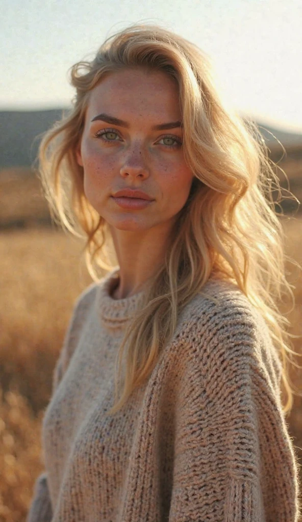 a young woman with striking features. She has fair skin with visible freckles, light eyes and full lips. Her hair is straight and loose, with a slightly messy part. Her facial expression is serene and confident, and the soft lighting highlights her features.a beige knit sweater with braided details. On the left side of the chest, there is the Ralph Lauren brand logo Plano americano, Alta resolução, Obra-prima, Melhor qualidade, Detalhe, Detalhes altos, Alta qualidade,