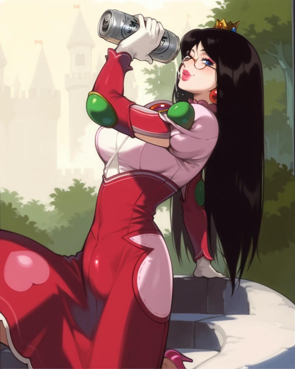 1girl, Stretcher the busty comic book woman, masterpiece, beautiful, high quality, high definition, superb quality, highly detailed, insane detail, sexy pose, posing for cameras, hands on hips, happy, smiling, stretching, hand on hip, long hair, huge ponytail, slim, thin, athletic, womanly, rubbery, elastic woman, (white and red spandex, white and red legs, tight top), rubber body, brunette, ((huge breasts, slim waist)), city, heroic, cheerful, (bold nose, hawkish facial features),