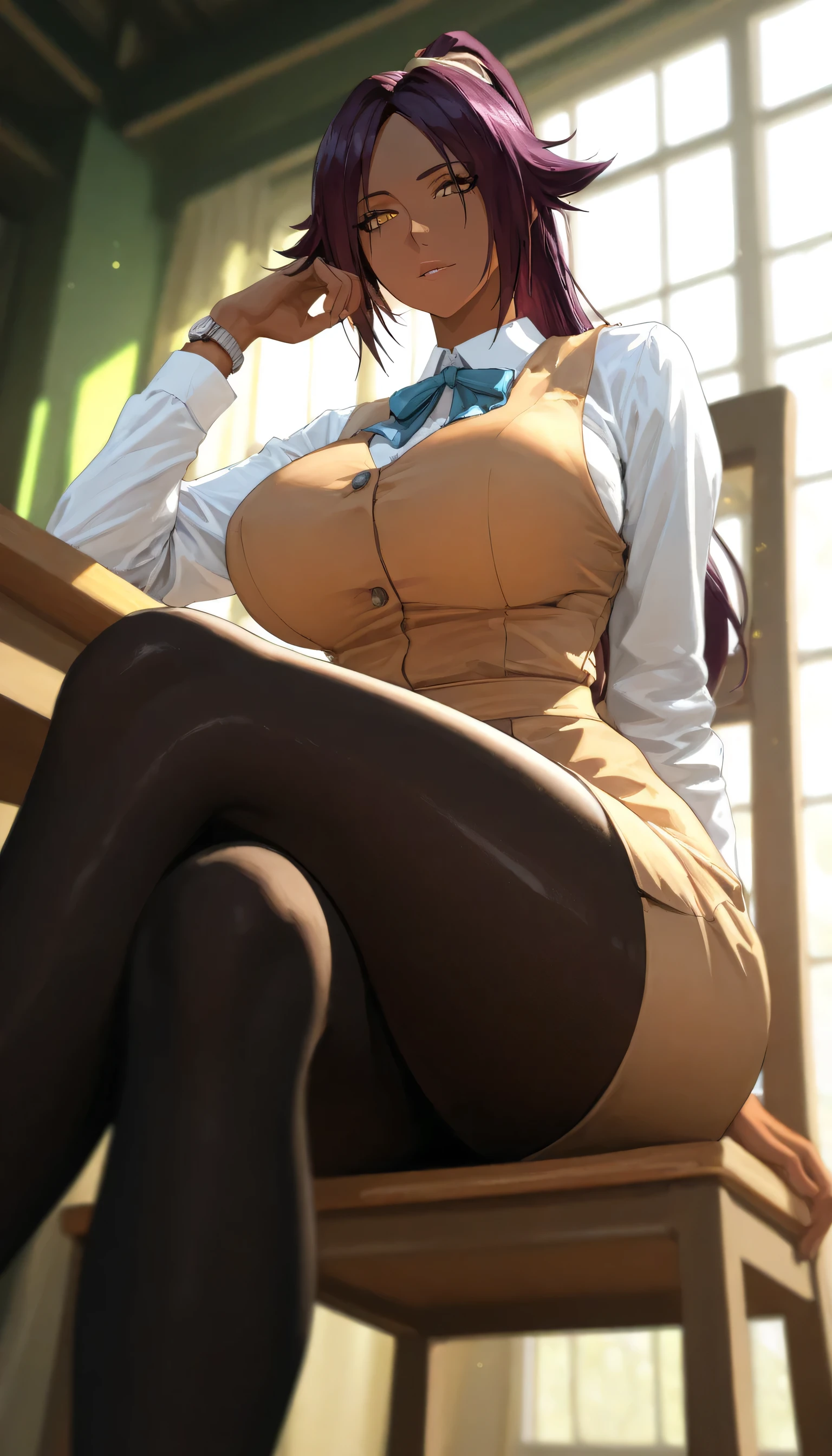 Skye from Paw Patrol, as a female fox, mature adult, anthro, fluffy orange hair, magenta eyes, mommy body, muscular, big breasts, big butt, thicc thighs, tall, tomboy, serious, white shirt with black tie, black skirt with black pantyhose, black shoes, tied up with ropes and sitting on a chair, inside a school, inside a room, night, lovestruck, yandere, front view, solo, beautiful, high quality, manhwa style, 4K