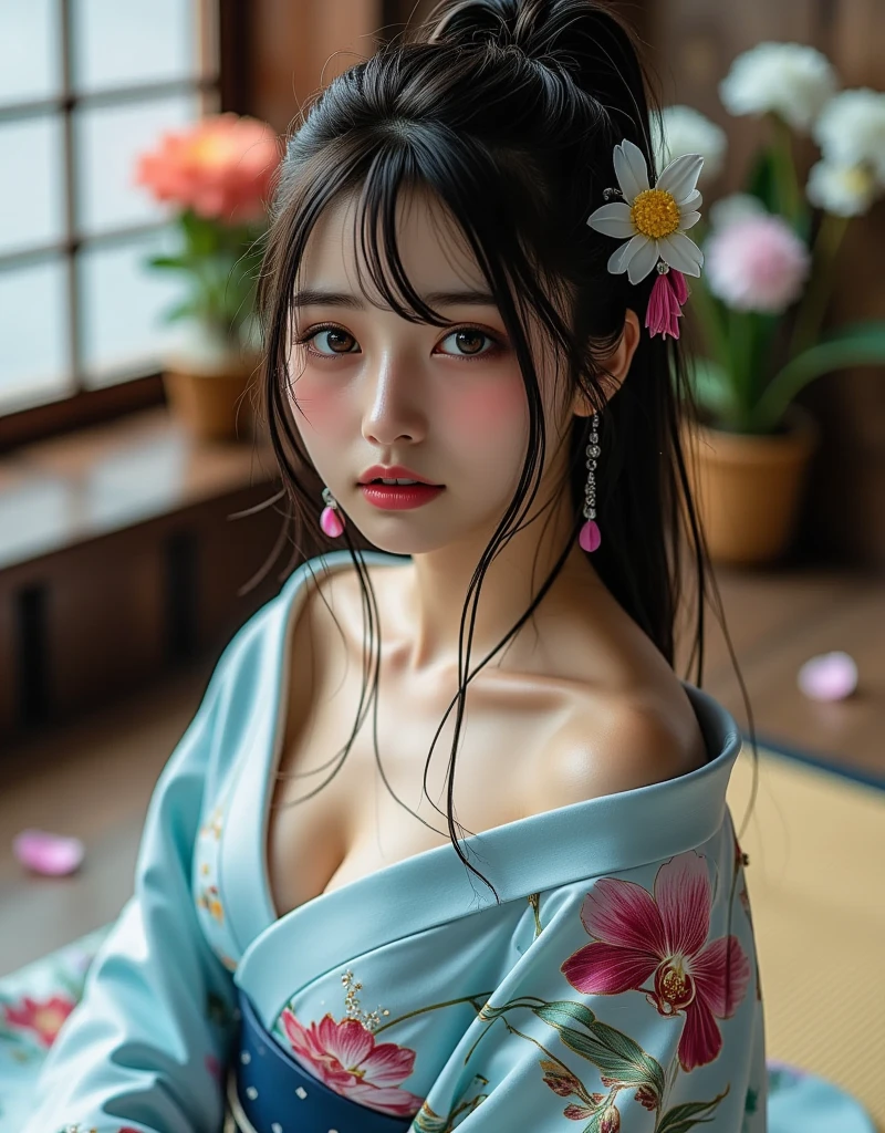 split-colored hair、ichiro、
1girl in, 独奏, blue eyess, A dark-haired, hair adornments, Hugged, cleavage of the breast, middlebreasts, florals, Komono, Kimono, off shoulders, manicure, makeup, lipsticks, Japanese style background, red claw, eyeshadows, florals, hair stick, Kanzashi, Comb, Florals Kui ,An ultra-high picture quality ,8K picture quality ,realisitic