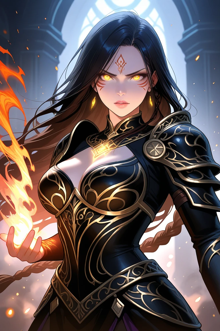 8k,Photorealistic　RAW Photos　Highest quality;1.4) 　(1 adult female)　Super Beauty　(A vivid face),Look at your face　long blue-black hair　The phantom empress with glowing purple eyes　Black and silver aristocratic big breast look　Luxurious black robe,　Golden decoration　Glare　Big black and gold walking stick,　Wearing black leather gloves　Remains　Gwaitz Style　purple rouge　Realistic　Exact details,Beautiful expression　Details of each part　Ultra-high resolution　超Realistic　Charm　Instep　Realistic Skin　Fantasy Queen　An inviting gaze　Emphasize cleavage,,Compensate,masterpiece,Highest qualityのPhotorealisticなRAW Photos。Bright colors,Rich colors, Backlight, Cinema Lighting, Film Grain, 50mm lens, Nikon D850,Detailed character art,Fantasy art,Ultra-high resolution,Ultra-Realistic Skin,Perfect hand shape,Muscular Beauty,Dynamic fighting pose,In the mountains,Devil's Makeup,A big magic circle behind,
