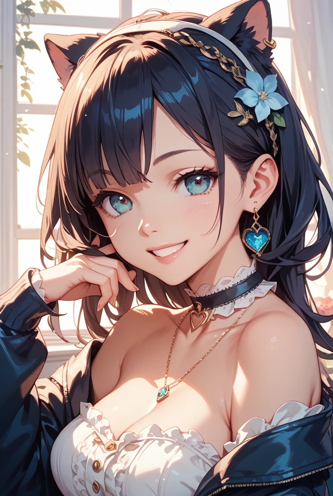 top-quality、Top image quality、masterpiece、girl with((sixteen years old、teen ager、cute little、Best Bust、big bast,Beautiful blue eyes、Breasts wide open, Dark hair、red hairs、Longhaire、A slender,Large valleys、,Black floral dress、A smile、blue scarf、Black wristband)),hiquality、Beautiful Art、Background with((Large space)))、,masutepiece、visualart、depth of fields、
