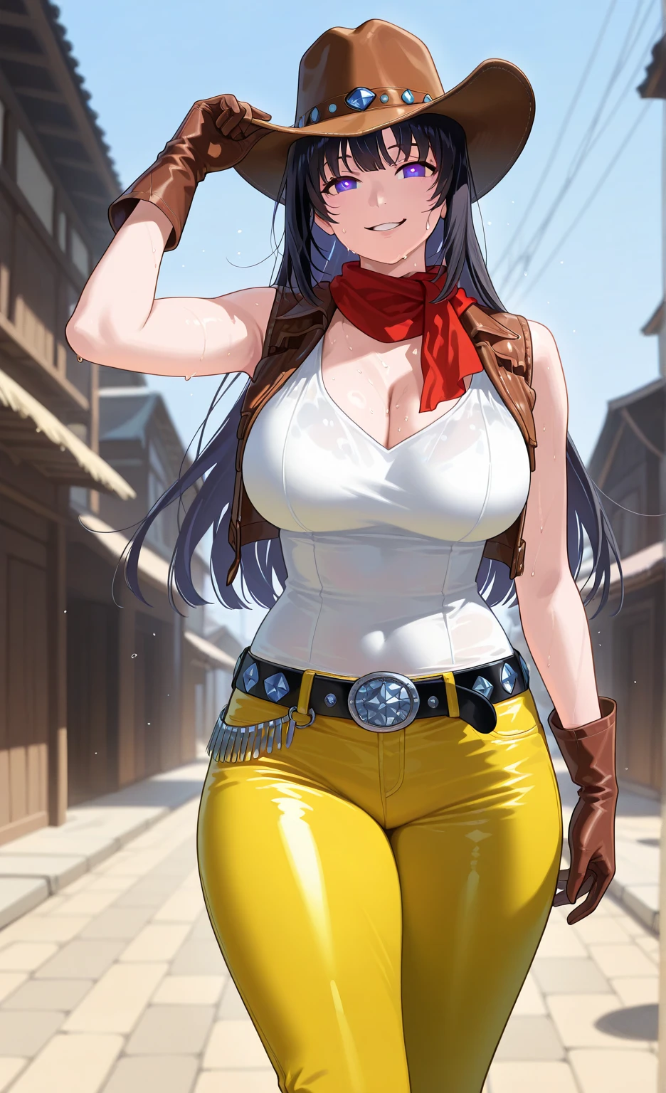 "A beautiful anime-style woman standing in an open field under a bright, clear sky. She has long, flowing black hair and wears a wide-brimmed brown cowboy hat. She is dressed in a red crop top that shows off her midriff and a pair of tight blue jeans with a belt. The woman has a confident expression with a slight smile on her face, holding the brim of her hat with one hand. The background features rolling green hills and a peaceful, sunny atmosphere."