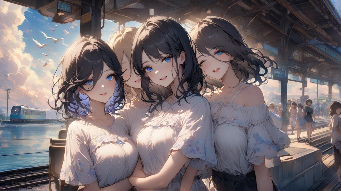 Highest quality, Super detailed, (Ultra-high resolution,8k), Ultra-high definition 4K, (Perfect Anatomy, Anatomically correct), (Three pure married shrine maidens), (A peaceful moment), (High-quality facial beauty), (In the dandelion fluff), (Photorealistic), (Detailed big breasts), Soft Skin, Glowing Skin, Bright lighting, 非常に激Shii雨, colorful, god々Shii, A sparkling smile