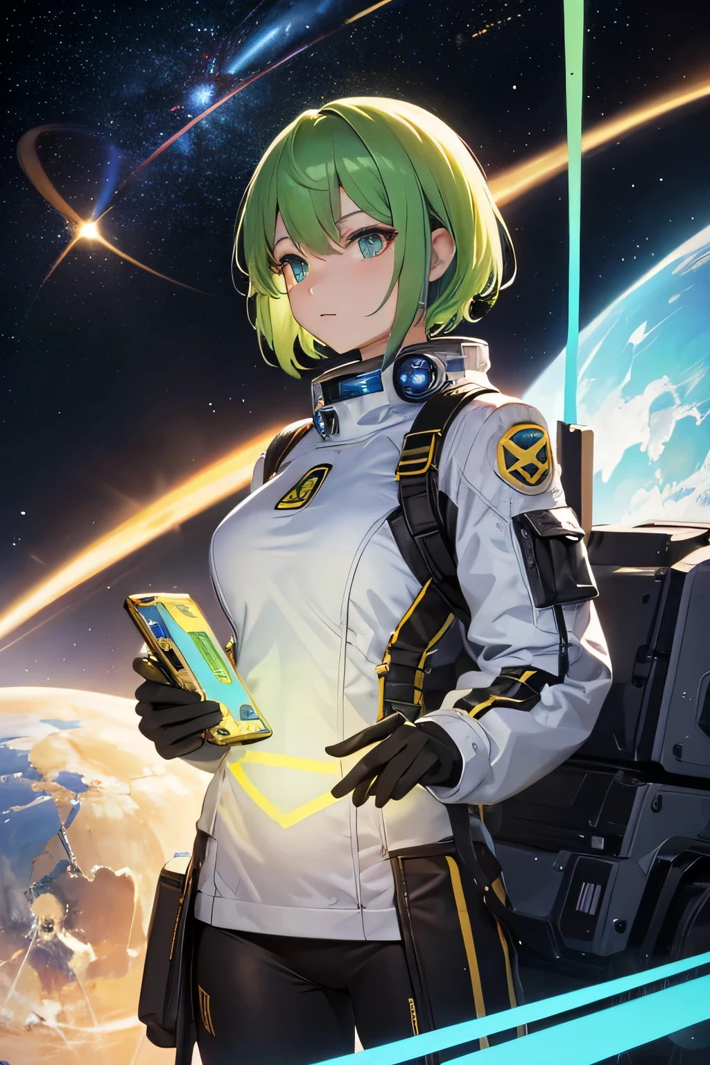 Space ship, captain future, comet, extremely fine and beautiful design, illustration, masterpiece,best quality, high resolution, 8k, sf,space fantasy, extremely beautiful and fain design, extremely fine and beautiful colors, An anime girl with shoulder-length green short hair and warm brown eyes, dressed in a sleek, black-and-yellow space pilot suit with metallic patches on her shoulders. background a planet with visible Universe Galaxy