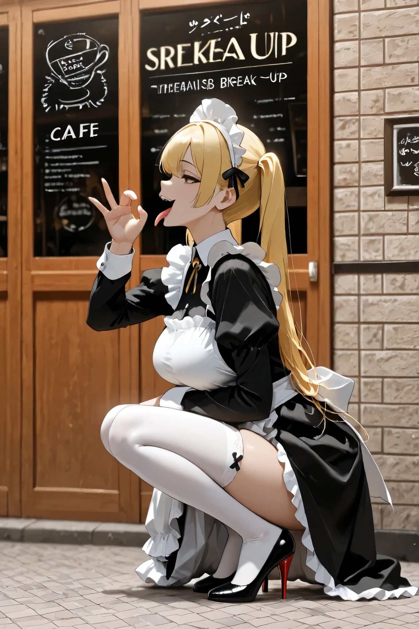 (masterpiece:1.5)、(highest quality:1.5)、(8K:1.2)、(Super detailed:1.2)、(photorealistic:1.2)、(ultra high resolution:1.2)、(Highly detailed and realistic skin:1.2)、(Very detailed and clean sharp eyes:1.2)、(at a family restaurant:1.2)、(Laughing with a good-looking 40-year-old man:1.4)、break、18 year old beautiful woman、(beautiful eyeliner)、(beautiful eyeshadow)、natural color lip、(white maid shirt:1.4)、(white stockings:1.3)、break、(black long sleeve maid mini dress:1.5)、break、(Blonde half updo hair that covers one eye:1.3)、break、small beautiful breasts、(The best smile with an open mouth:1.3)