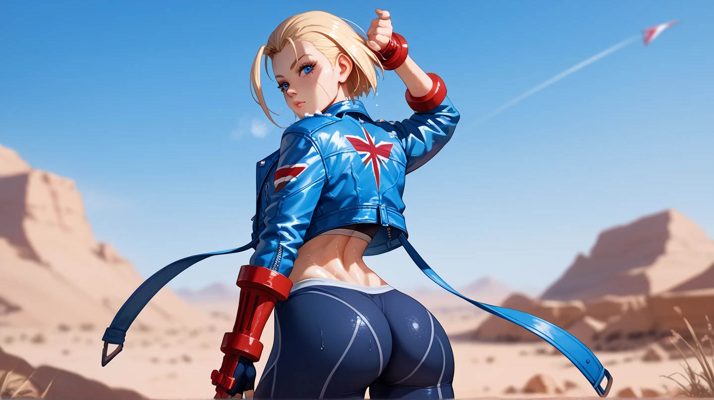 From the rear camera angle, blue eyes, blonde hair, antenna hair, Scar on the cheek, full body portrait, looking at viewer, tight clothes, excited face, Seductive Buttocks,