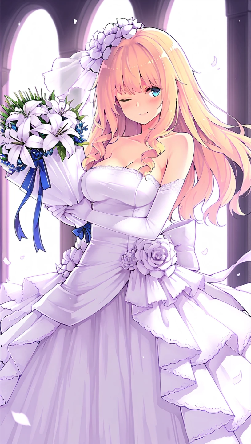 (Anime:1.1), Best quality, Masterpiece, 1girll, Shirley name, multicolored hair, blond hairbl, Pink hair, Gradient hair, Long hair, Medium breasts, Blue eyes, Mature woman, view the viewer, Smile,wedding gown