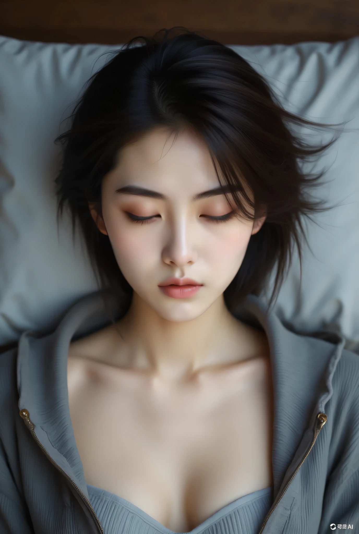 The girl lying in bed with her eyes closed,milky white skin,Soft Portrait Shooting,clear lips and high quality,beautiful asian girls, 8k resolution,HDR,UHD,Professional shooting,Realism,Photorealistic,Fine details,vivid and eye-catching colors,Bokeh effect, open cardigan, Cleavage, (orgasm:1.5), awkward expression, Grit your teeth, ((pain tolerance)), Ribbon, Frown