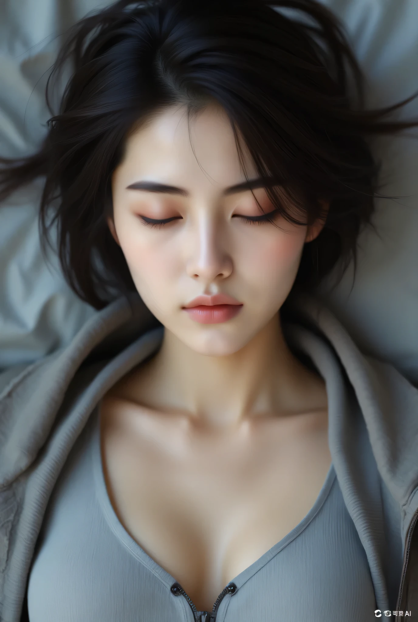 The girl lying in bed with her eyes closed,milky white skin,Soft Portrait Shooting,clear lips and high quality,beautiful asian girls, 8k resolution,HDR,UHD,Professional shooting,Realism,Photorealistic,Fine details,vivid and eye-catching colors,Bokeh effect, open cardigan, Cleavage, (orgasm:1.5), awkward expression, Grit your teeth, ((pain tolerance)), Ribbon, Frown