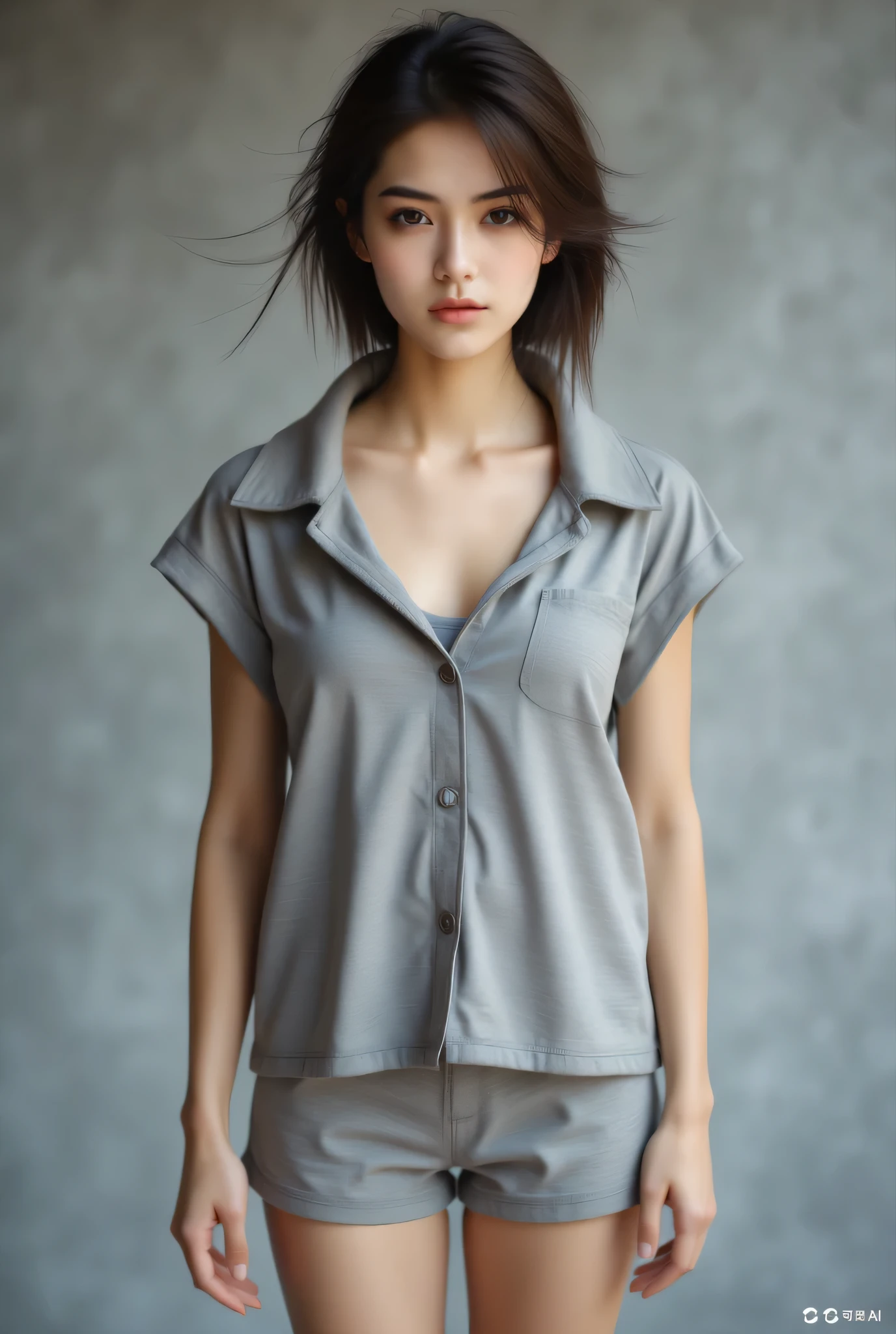 messy hair style, standing, wearing Pajama, show small breast, show legs, full-body, camera from front, photorealistic detail.