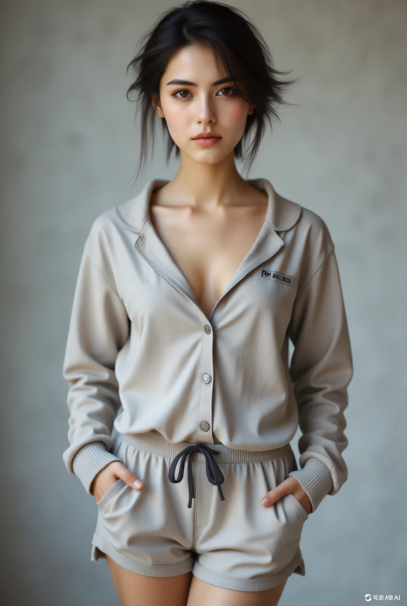 messy hair style, standing, wearing Pajama, show small breast, show legs, full-body, camera from front, photorealistic detail.