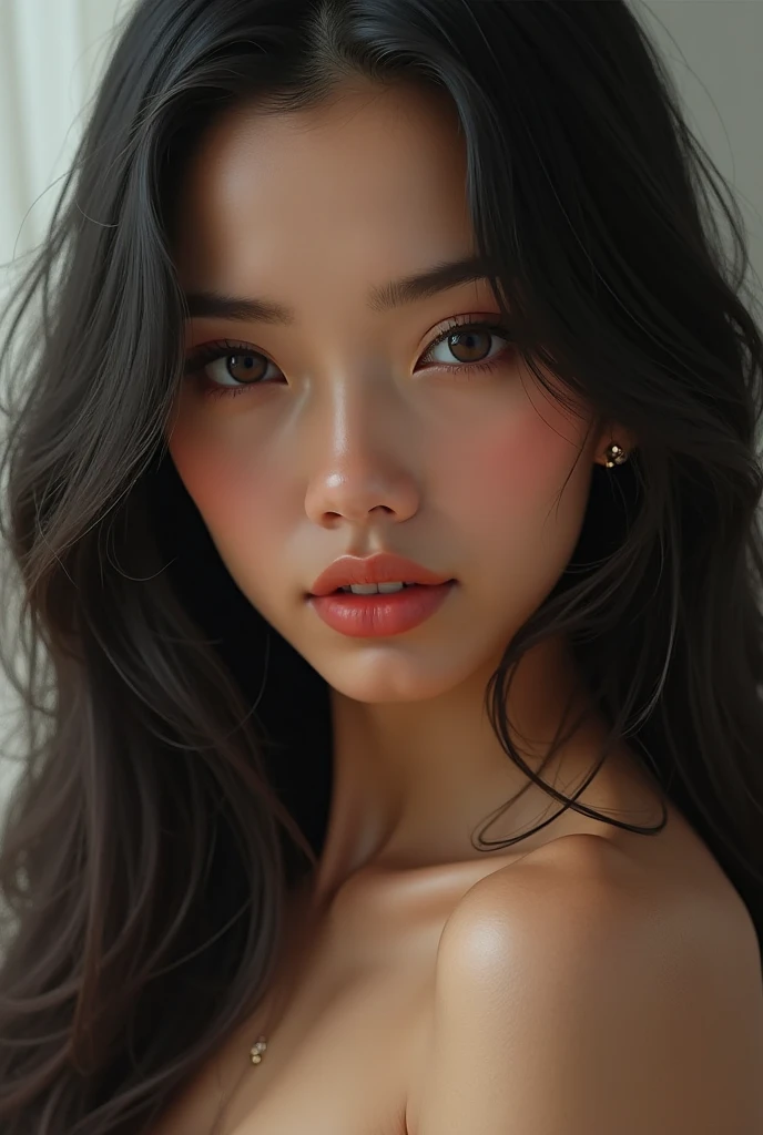 Girl with a slender build,beautiful, with straight black hair, profiled face, let it be from Colombia 