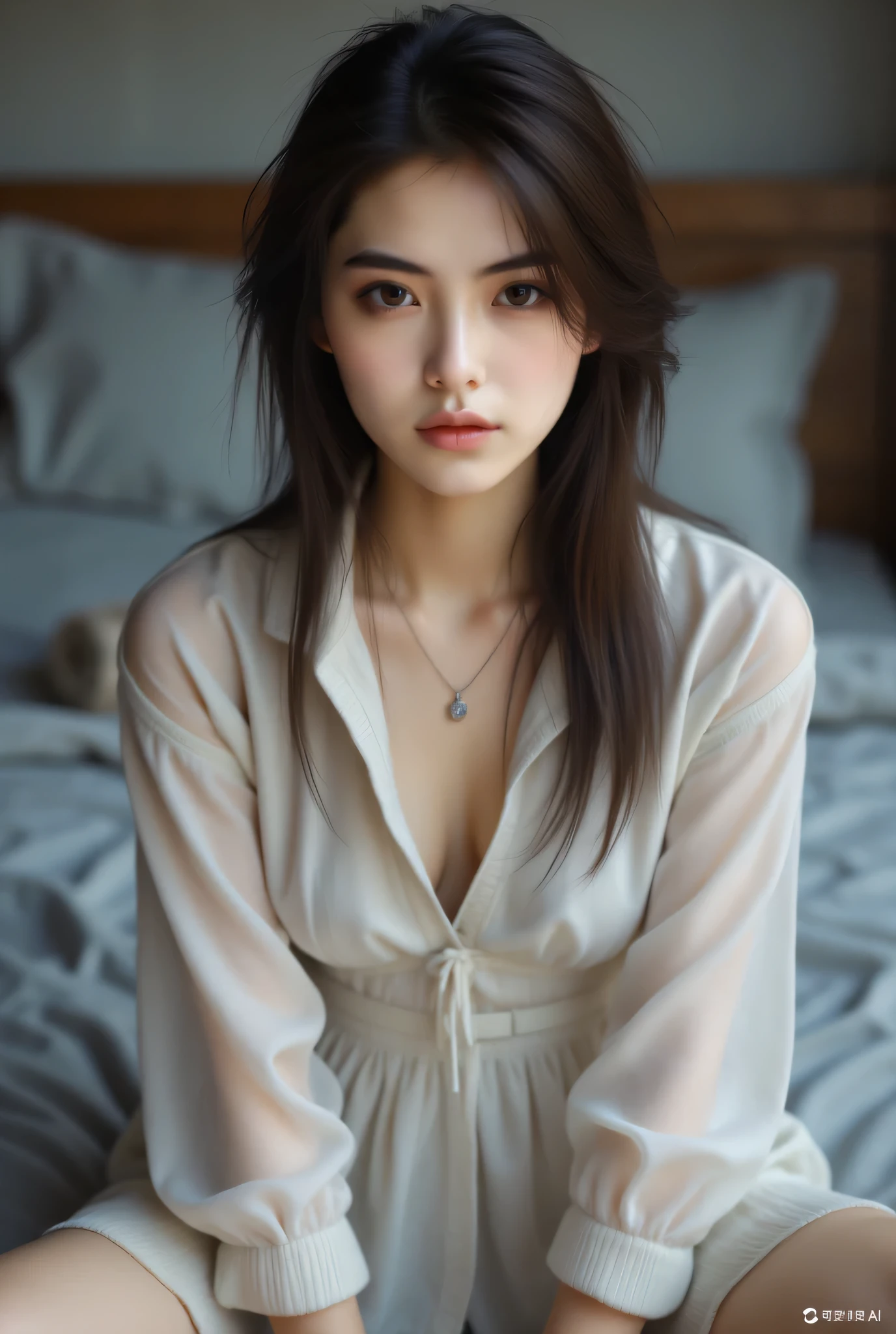 Best quality, masterpiece, super high resolution, original photo, messy long hair, delicate face, feminine eyes, half-exposed, white transparent floral dress, sitting on the bed with hands between your legs, shown in a positive perspective, surprising detail, very detailed