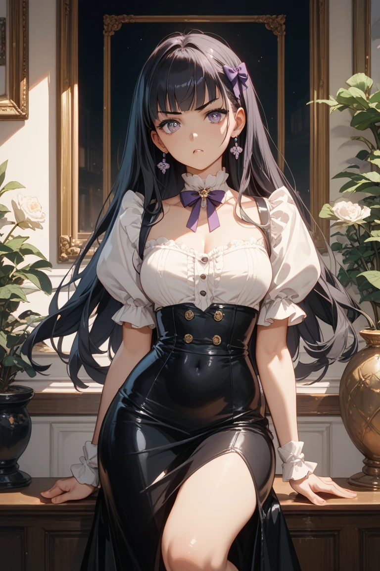 high quality, 最high quality, photo-Realistic, RAW Photos, Realistic, ultra Realistic 8k cg, Very detailed, High resolution, masterpiece, One girl, Loose braid, Black Hair, Iris, spread, Intricate details, Detailed Texture, In detail, Ultra mini skirt,Plump, lavish ornaments, maxi dress, huge breasts that sag a little, sleeveless, hands behind head, black clothes, not divided into top and bottom, see-through, chubby, kneeling