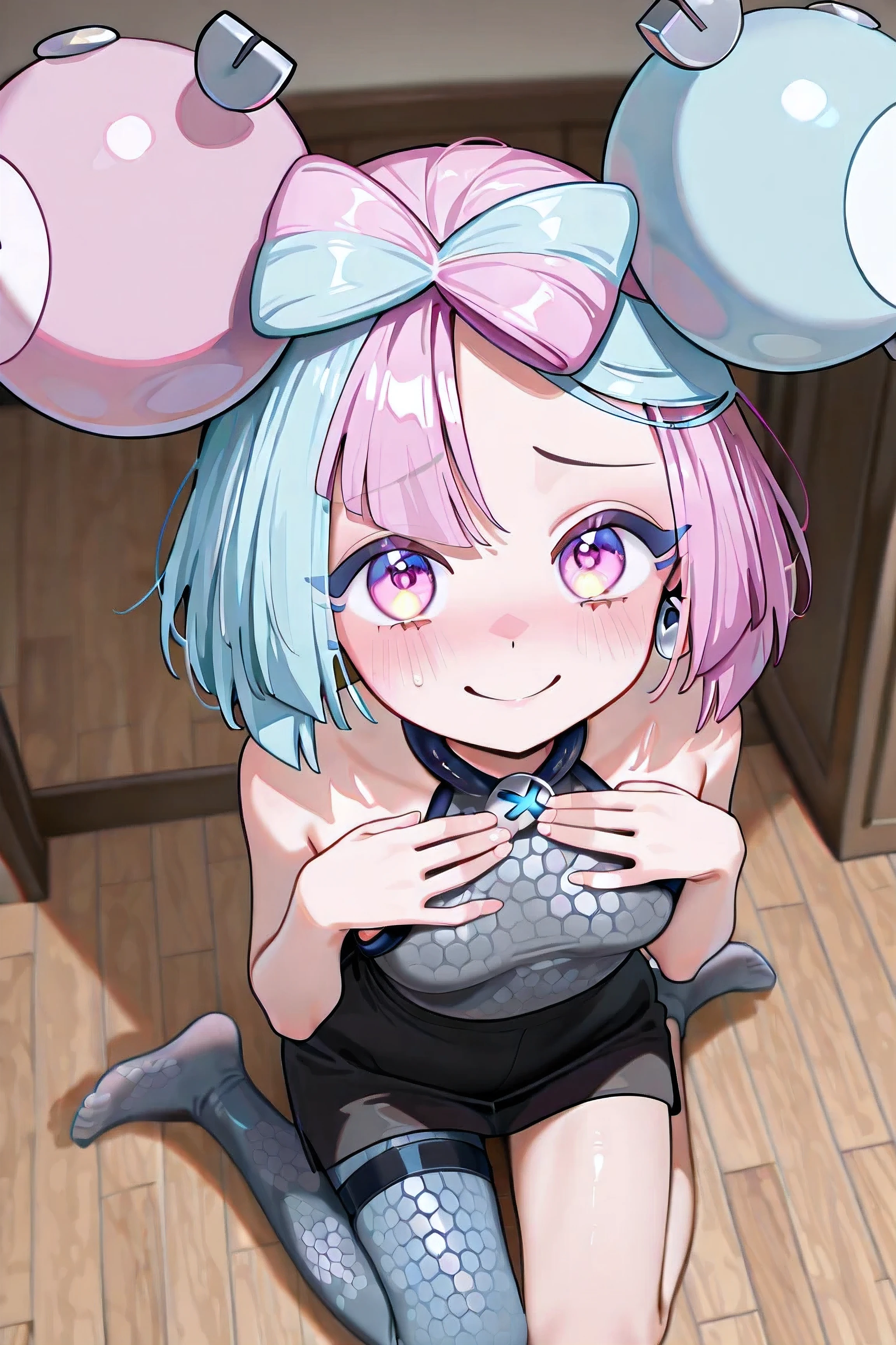 Iono (Pokémon Scarlet and Violet), Little , ((((Just 1 Iono)))), small, flat breasts, short hair, bicolor hair, light blue and pink hair, two-toned eyes, pink and blue eyes, ((Pidona expression)), shy smile, flushed cheeks earings, extremely detailed face, Anime clothing/jogo, cheomgsam gray checkerboard, short black short, pantyhose on just one leg, extremely detailed clothing, inside the house, seen from above, kneeling on the floor, hands raised at chest height, imitating a puppy , in front of the spectator, 4K, Best Quality, obra-prima.
