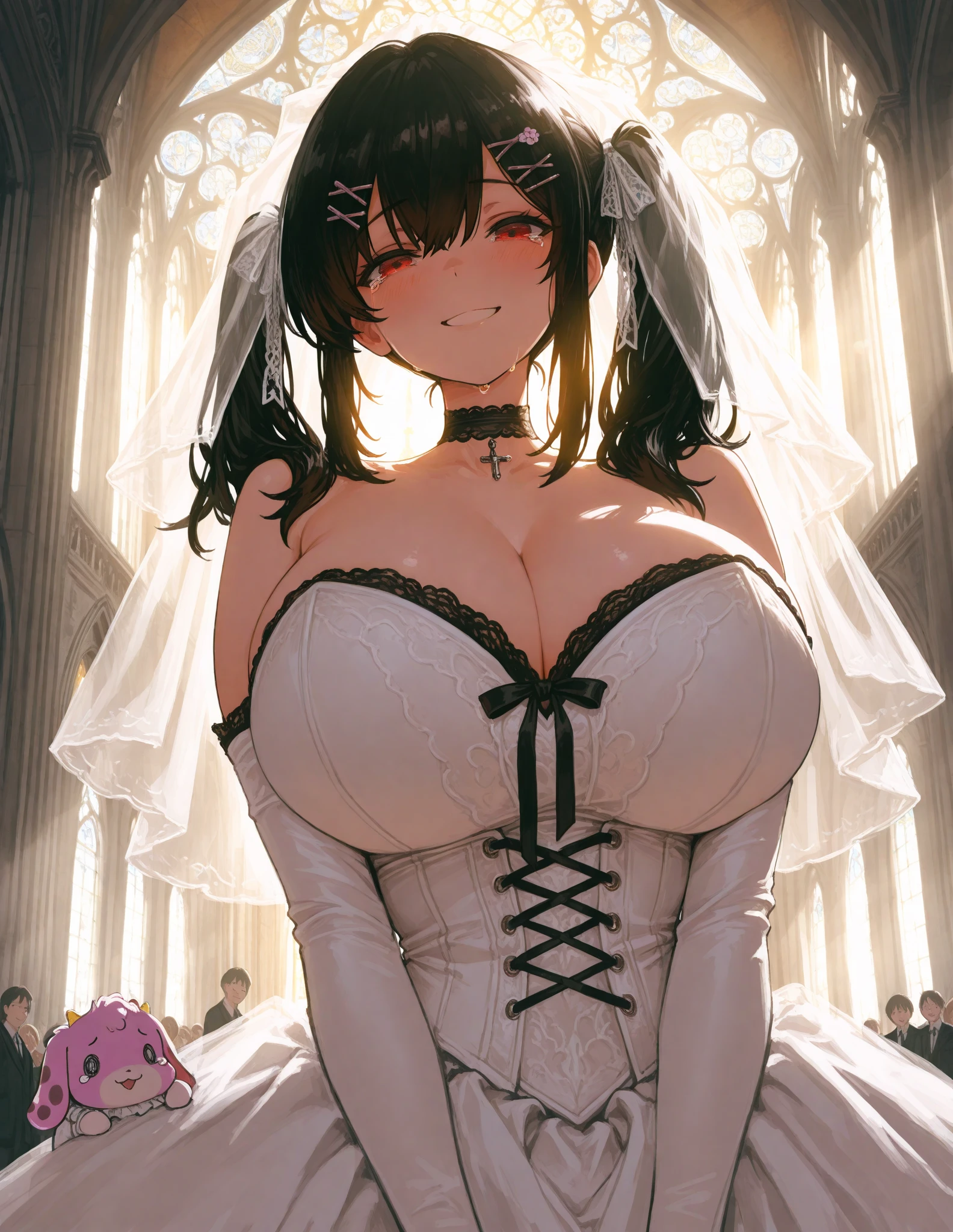 score_9, score_8_up, score_7_up, score_6_up, score_5_up, score_4_up, BREAK,,((1girl)),Alisaie Leveilleur,Wedding dress,gigantic breasts,Protruding breasts, latex,Areola,Heavy breathing,front view,open pussy,Massive creampie,Bukkake,Facial,Pussy juice,corset,gloves,