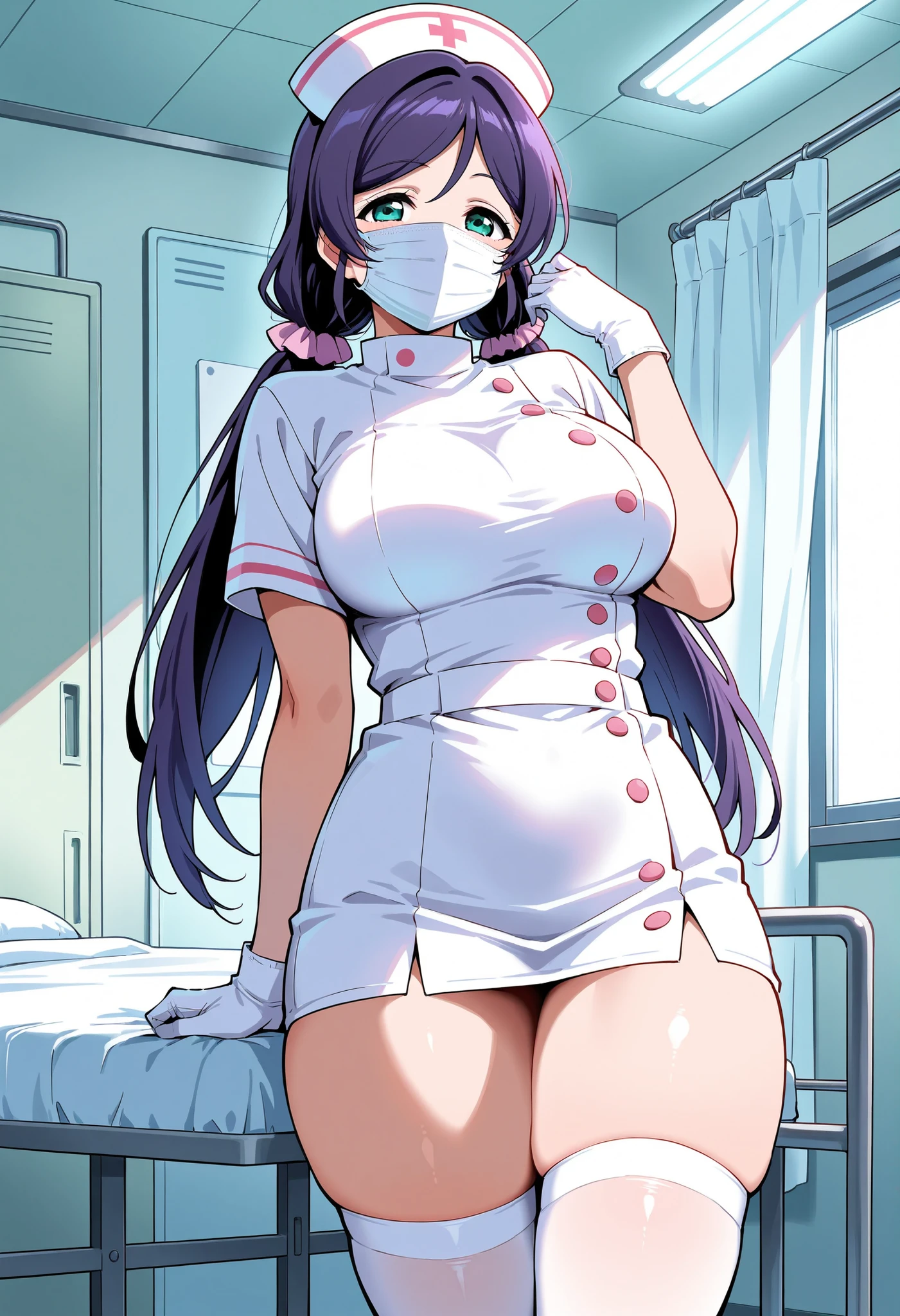 1woman, solo, nurse, white nurse cap, white nurse uniform, ((white legwear, zettai ryouiki)), white gloves, long hair, purple hair, red eyes, pink lips, smile, standing, ((hospital room)), sharp outline, short sleeves, mature female, 35 years old, best quality, masterpiece