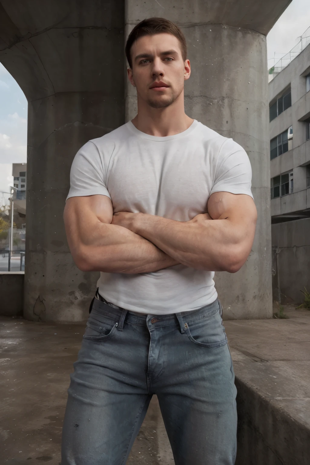 Man in off-white clothes, American round inch head, Buzz cut, national character face, tall and burly, muscular male hero, heroic male pose, muscular! Wearing skins brand bodysuit tights, black hair, super gain and cool, high resolution committee, character design cycling enthusiast, sneakers, attractive strong man, jeans
