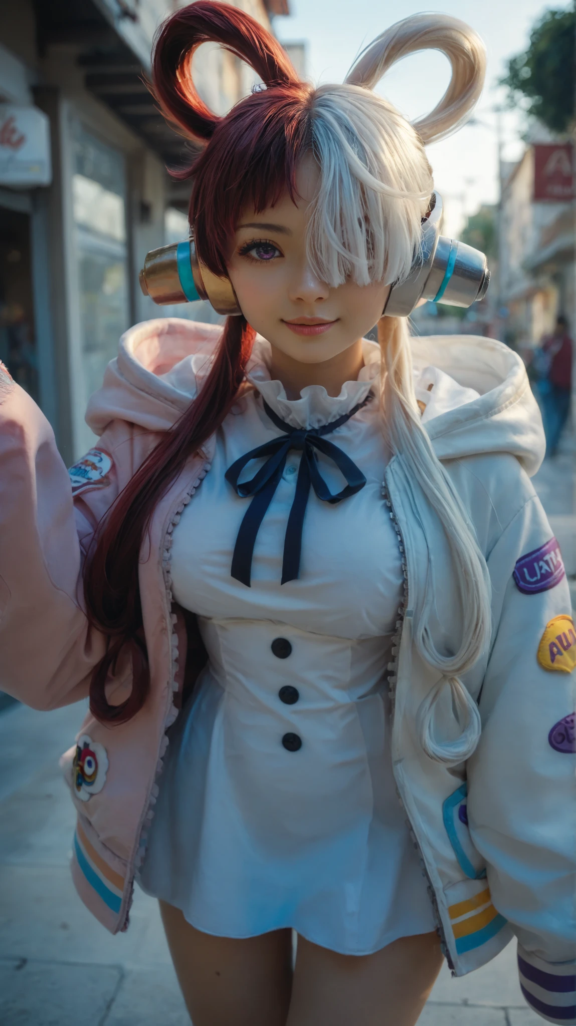 best quality, masterpiece, 1girl, aauta, long hair, split-color hair, hair rings, twintails, headphones, hair over one eye, one eye covered, purple eyes, breasts, neck ribbon, white dress, hooded jacket, multicolored jacket, open jacket, long sleeves, sleeves past fingers, standing, cowboy shot, outdoors, street,, asian, cute, beautiful, (21 years old)