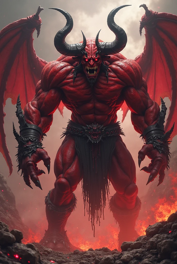 “a massive, muscular red demon with horns and sharp fangs, golden eyes, a hulking and intimidating figure, highly detailed, digital painting, concept art, fantasy art”