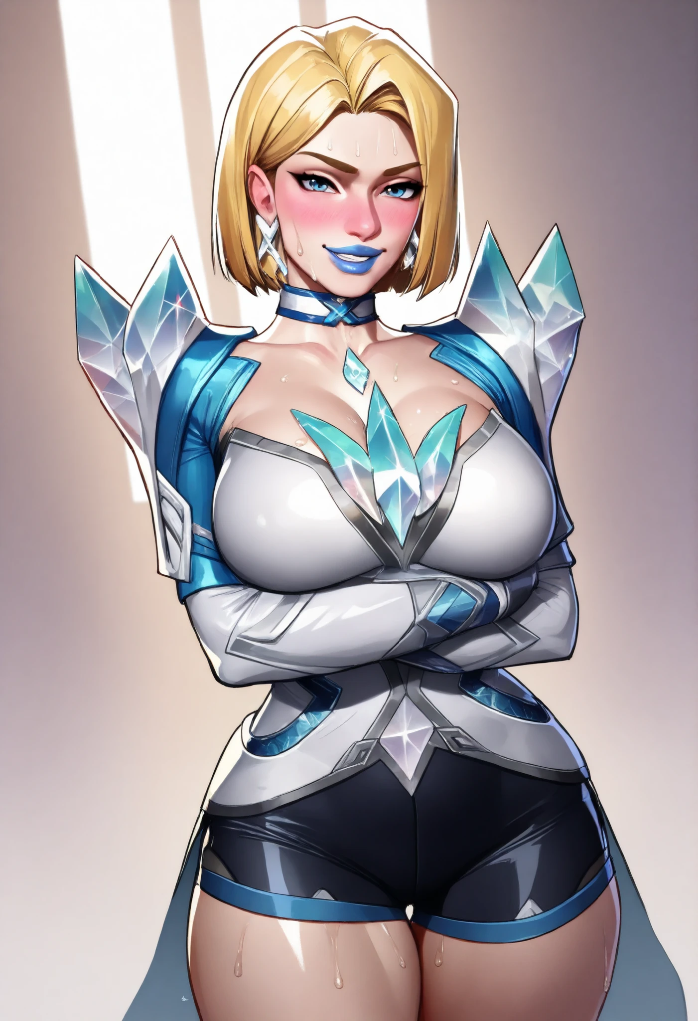 1girl, solo, looking at viewer, grin,, white background,
blonde hair, short hair, blue eyes, earrings, blue lips,
,, crystal, armor, choker, thighs, masterpiece, best quality, tsinne, standing with arms crossed under her chest, wearing a tight black long-sleeve crop top and short black athletic shorts with white trim, blushing, slightly sweaty skin, backlit by soft white light from a window, confident and teasing pose, ultra-detailed shading, glossy highlights, realistic anime lighting, 4K, LARGE BREASTS, nose blush,, sweat , sweaty , sweaty:1 . 3, shiny body, bubbling breasts, beautiful face, tight clothes, "tight top", "stretching fabric", "emphasized chest", "chest pushed out", "skin-tight crop top", "lighting focused on chest", "highlighted curves"