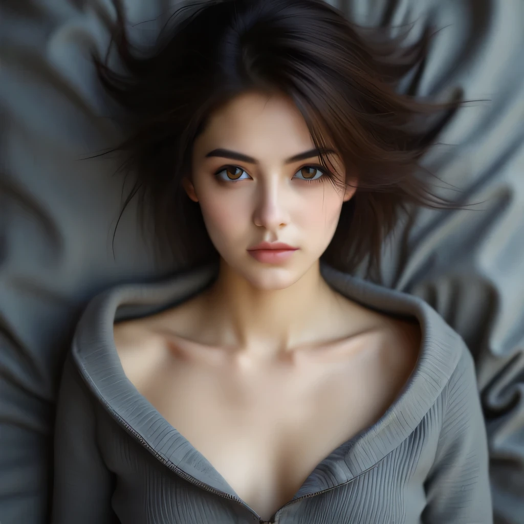 The girl lying back on the bed, naked, long messy hair framing her face, large eyes engaging the viewer, small chest.