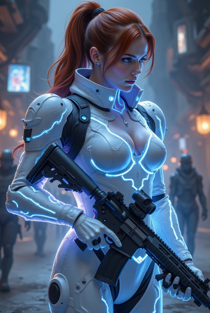 <lora:Dongho Kang Style 321:.7> sexy 18-year-old woman,strawberry blonde hair, thick body, large breasts, perfect butt, ultra detailed, sharp focus, looking at viewer, thick lips, bright electronic eyes, cyberpunk, rifle, holograms, bright colors, strong, arched back, full body, smirk, lasers