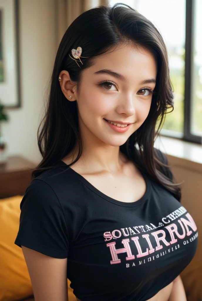 (((upper body shot))),Ultra-high resolution,big eyes,((brown eyes)),Japanese,(a girl),(1 girl),((17 years old)),(cute),pretty,((facing at viewer)),arms behind back,grin,(((black shirt)))