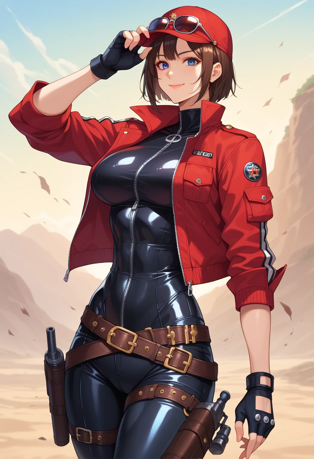 a mighty female angry anime warrior with brown hair and glasses, explosion and fire in the background