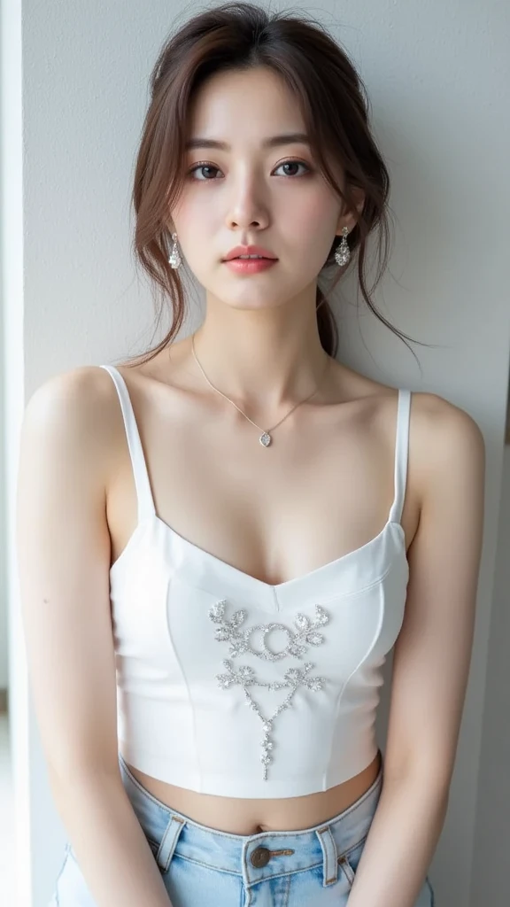 (realistic:1.3), insane detailed, quality, (masterpiece:1.2), (photorealistic:1.2), (best quality), (detailed skin:1.3), (intricate details), ray tracing, ((full body)), ((1woman)), (((1 person))), 30 years old, ponytail hair, smile, skirt with pattern, color contrast between the dress and the skirt, skirt pattern, earrings, necklace, hair ornament, (blurred background), eyes on camera,