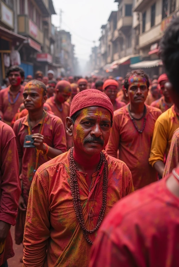A hyper realistic street photo of people with intense expressions, engrossed in playing Masan Holi with human ashes around cremation fires, with human ash make up on their body, holding power drum and trident, wearing garland of human skulls and lion skin, a cremation fire and fire sparks in the foreground people and city of banaras in the background, taken with a high resolution digital camera at focal length of 24mm and aperture of f/6.3, dramatic natural light, moody dark colors