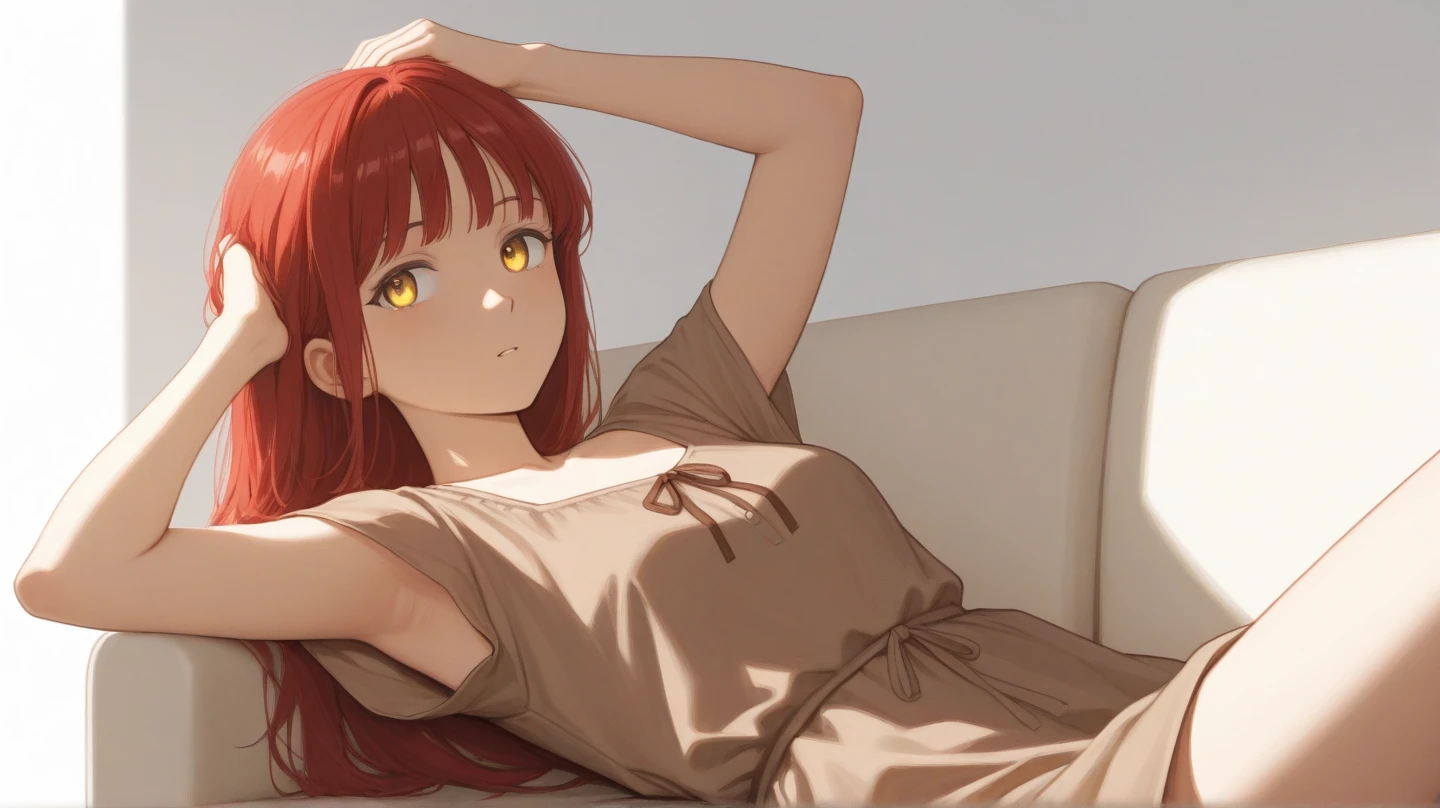 1 girl, fox ears, orange poses, blue eyes, necklace, face closed up, wet hair, humid, hot pornographic, intimate, beautiful, traced light, High details, digital art, Night, Loving, Blushing, insecure, cute, , Shadows, Contrast, Beautiful eyes, gentle, delicate, scalp, vivid eyes, messy hair, full body, sitting on the sofa, serious, angry with you