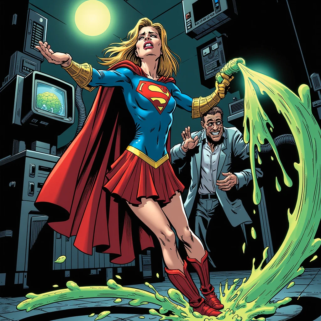 Epic realistic image depicting 1996 blonde beauty Supergirl with shoulder-length blonde hair wearing her iconic costume with red 'S' on a yellow diamond and blue skirt. Large breasts, full figure, perfect female figure. Supergirl lies on the ground, moaning in pain, as villains place pieces of glowing green kryptonite, the only substance which can hurt her, around her. She writhes helplessly in agony as one villain places a chunk of kryptonite on her body! Show the villains' hands and cruel mocking laughter as Supergirl's body bucks and heaves before them. Well lit. Side-on view.