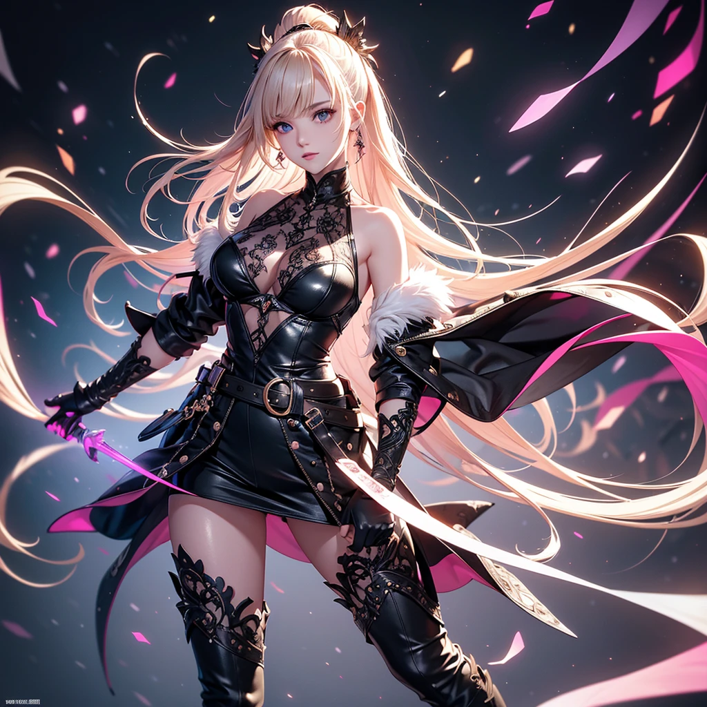 Light gray hair, pink eyes, pink and white, sakura leafs, vivid colors, white dress, paint splash, simple background, ray tracing, wavy hair