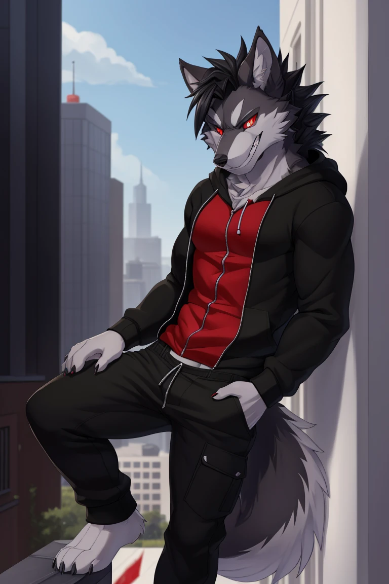 (4k , ultra detailed , flat colored)Furry werewolf , black wolf，Wear a black zip up hoodie，((hoodie is unzipped)) , dark grey pants , wolf tail , 1tail , tail on waist , barefoot , malicious grin , blood red eyes , silver eye whites , slitted pupils , front side view , 