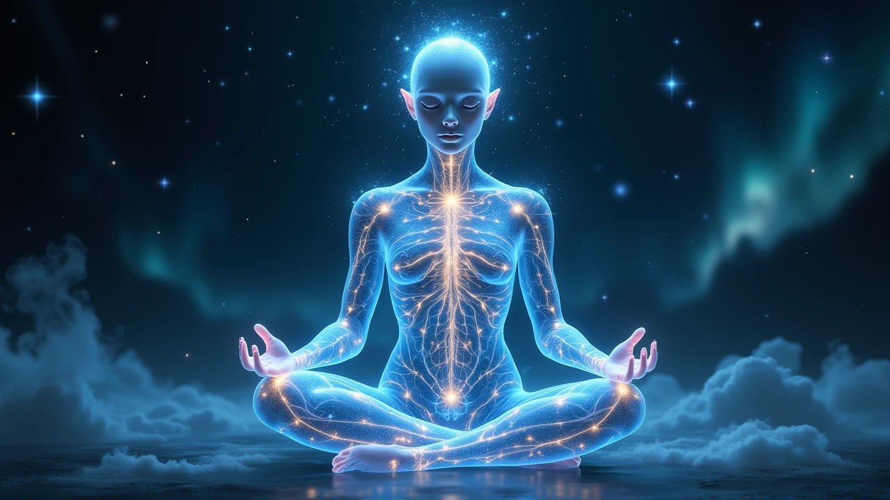 I would like a person in a state of meditation to have a subtle light coming out of their chest, drawing the shape of the kundalini energy. The background of the image should be very calm, a very starry night. In the corner of the image there are two beautiful mushrooms intertwined. These mushrooms are of many colors, evoking a psychedelic trip. These mushrooms should be in the corner of the image.